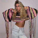 Kukombo Women's Fall Winter Cropped Knit Tops Stripe Print O-Neck Tassel Long Sleeve Spring Loose Sweaters Knitwear y2k Streetwear