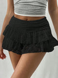Kukombo Women Y2k Lace Mini Skirt Sexy Leopard Tiered Flowy Ruffle Half Slip Skirt Low Rise Layered Pleated Short Skirt Underskirt