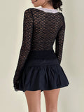 Kukombo Women  Spring Fall Lace Top Mesh See Through Long Sleeve Crop Tops Sexy Sheer Deep V Neck Floral Lace Shirt Blouse Y2K Fairy