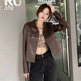 Women's Bomber Brown Jacket Pu Leather Jacket Women's Moto Biker Spring Elegant  Long Sleeve Coat Female Streetwear Vintage Top