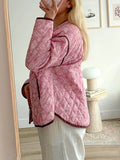 Kukombo Pink Print Flower Patchwork Warm Cotton Jacket Women O Neck Single Button Loose Coat 2024 Winter Fashion Female Street Outerwear