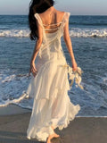 Kukombo Women Elegant Backless Sexy Slip Dresses Summer New Fashion Asymmetrical Ruffles Holiday Beach Party Club Split Long Dress