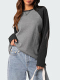 Kukombo Y2k Contrast Long Sleeves Waffle Sweatshirt Korean Fashion Style O-neck Tshirt For Women Vintage Loose-fit T-shirts Ladies Tee