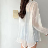 Kukombo Long Sleeve Chiffon Shirts Women See Through Tops Korean Popular Clothes Summer Polo Neck Loose Blouse Casual Female Sun Shirt
