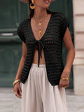 Kukombo Womens Crochet Sweater Vest Summer Tie Front Cap Sleeve V-Neck Casual Knit Tops Cardigan Lightweight Sweaters
