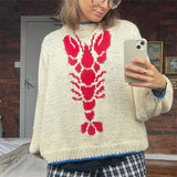 Kukombo Lobster Patterm Knitted Pullovers Autumn Winter Long Sleeve Knitwear 90s Vintage Grunge Preppy Style Y2K Sweater Women Clothes