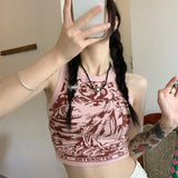 Kukombo Vintage Pink Short Tank Top Women Y2k Clothes Summer Sleeveless Vest Harajuku Fashion Knitted Print Graphic Crop Tops Woman 2024