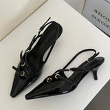 Kukombo Designer Narrow Band Buckle Strap Pumps Women Sexy Pointed Toe Thin Heels Wedding Banquet Dress Mule Ladies Shoes