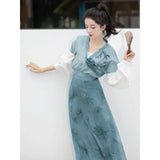 2024 Autumn Elegant Blue Bamboo Printed Long Sleeves Hanfu Dresses 3pcs Women's Improved Modern Casual Clothes Vestidos Chinos