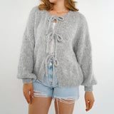 Kukombo Women Y2k Tie Front Knitted Cardigan Sweater Long Sleeve Open Front Oversized Cardigan Knitwear Tops Streetwear