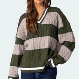 Kukombo Women Y2K Striped Sweater Vintage Aesthetic Preppy Sweater V Neck Long Sleeve Oversized Cable Knit Jumper Tops Streetwear