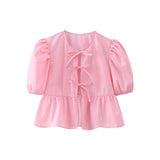 Kukombo Women's Summer Babydoll T-Shirt Solid Stripe Short Puff Sleeve Round Neck Tie-Up Front Peplum Tops blusa mujer moda