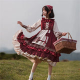 2024 HOT Sweet Girl Lolita Women Dress Vintage Patchwork Red Dress with Cloak Cute Female Bing Cosplay Little Red Riding Hood