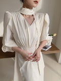 Kukombo Elegant and Chic Women Casual Midi Dress Puff Sleeve New Designed Solid Party Birthday Vestidos Female Fashion Robe Clothes