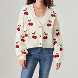 Kukombo Y2k Embroidery Cherry Cardigan Women 2024 Winter Fashion Patchwork Long Sleeve Short Cardigan Street Casual Knitwear Sweater