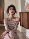 Kukombo Elegant Off Shoulder Knit Midi Dresses Women Autumn Long Sleeve Pleated Dress Slim Evening Party Female Clothing