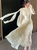 Kukombo Summer Women Elegant Slim Ruffle Dress French Graduation Evening Party Robe Female Bubble Sleeve Korean Chiffon Vestidos