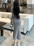 Kukombo Sexy V-Neck Lace Up Bodycon Mermaid Knitted Dress Autumn Women Long Sleeve Solid Spring Casual Wrapped Hip Midi Vestidos Mujer