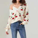 Kukombo Y2k Embroidery Cherry Cardigan Women 2024 Winter Fashion Patchwork Long Sleeve Short Cardigan Street Casual Knitwear Sweater