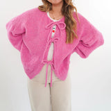 Kukombo Women Y2k Tie Front Knitted Cardigan Sweater Long Sleeve Open Front Oversized Cardigan Knitwear Tops Streetwear