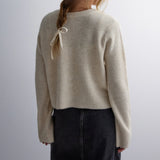 Kukombo Women's Knit Sweater Long Sleeve Crew Neck Bow Tie Front Solid Color Cardigan Hollow Out Sweater Winter Fall Streetwear