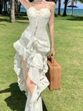 Kukombo 2023 Summer Fashion Sexy Club Sling Print Slim Fairy Dress Women Irregular Layered Ruffles Backless Holiday Party Long Dress New