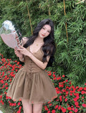 Kukombo V-Neck Mesh Stitching Vintage Dress Female Ruffled Lace Princess Beach Short Dress Mini Korean Version Fashion Summer Dress