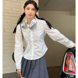 Kukombo Korean Women Lace Up Shirts Spring Fashion Streetwear Female Slim Long Sleeve Tops Y2K Casual All Match Solid White Shirt