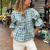 Kukombo Women Y2k Tie Front Tops Puff Sleeve Ruffle Hem Peplum Blouse Cute Summer Babydoll Top Aesthetic Lace Up Shirts