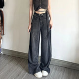 Kukombo Vintage Women High Waist Jeans Korean Casual Streetwear Loose Denim Wide Leg Pants Female All Match Straight Trousers