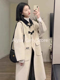 Kukombo Preppy Style Horn Button Woollen Coat Women Winter 2024 Loose Warm Casual Outerwear Long Coat Women Fashion Korean Trench Jacket