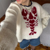 Kukombo Lobster Patterm Knitted Pullovers Autumn Winter Long Sleeve Knitwear 90s Vintage Grunge Preppy Style Y2K Sweater Women Clothes