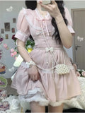 Cute Dress Mesh Patchwork Sweet Pink Short-Sleeved V-Neck Lolita Cosplay Costume Kawaii Japanese Girl Summer Dress For Women