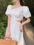Kukombo Elegant Casual White Black Summer Dress for Women Vintage Hollow Out Party Birthday Midi Vestidos Female Fashion Chic Clothes