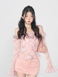 Kukombo Autumn Sweet Two Piece Set Women Pink Floral Print Fashion Skirt Suit Female Ruffle Flounce Designer Elegant Suit 2023 New