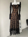 Kukombo France Elegant Mesh Dresses Women's Long Sleeve Lace Up Evening Party Club Vestido Spring Summer Vintage Robe Mujer