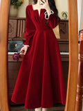 Kukombo Autumn Women Fashion Elegant Casual Red Dress Long Sleeve Vintage A-Line Wedding Party Robe Female Prom Birthday Vestidos New
