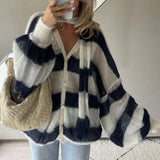 Kukombo Fashion Striped Sweater Cardigan With Scarf Female Loose Thin Hollow Knitted Top Lantern Sleeve Contrast Color Retro Top