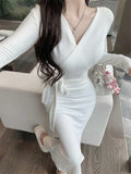 Kukombo Sexy V-Neck Lace Up Bodycon Mermaid Knitted Dress Autumn Women Long Sleeve Solid Spring Casual Wrapped Hip Midi Vestidos Mujer