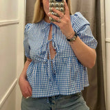 Kukombo Women Y2k Vintage Front Tie Top 3/4 Puff Sleeve Gingham Peplum Blouse Shirts Teen Girl Babydoll Lace Up Shirt