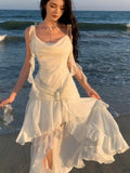 Kukombo Women Elegant Backless Sexy Slip Dresses Summer New Fashion Asymmetrical Ruffles Holiday Beach Party Club Split Long Dress