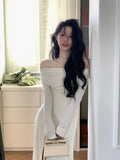 Kukombo Elegant Off Shoulder Knit Midi Dresses Women Autumn Long Sleeve Pleated Dress Slim Evening Party Female Clothing