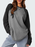 Kukombo Y2k Contrast Long Sleeves Waffle Sweatshirt Korean Fashion Style O-neck Tshirt For Women Vintage Loose-fit T-shirts Ladies Tee