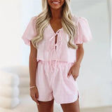 Kukombo 2 Piece Outfits Women Y2k Plaid Print Tie Front Short Sleeves Tops and Elastic Shorts Club Streetwear Fashion Clothes