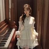 Kukombo Korea White Halter Hollow Out Off Shoulder Dresses Advanced Sense Waist Retraction Fantasy Gentle Short Lady's Clothes