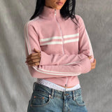 Kukombo Women Knitted Workout Jacket Lightweight Striped Print Casual Long Sleeve Zip up Cardigan for Outwear Streetwear