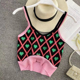 Kukombo Argyle Heart Print Knit Camisole Top Y2K Strappy Crop Top for Women Teengirl 90s Outfit Sleeveless V-neck Cami