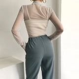Kukombo See Through Mesh Top Women T Shirt Y2k Clothes for Women Korean Fashion Summer White Long Sleeve Turtleneck Woman T-shirts 2024