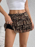 Kukombo Women Y2k Lace Mini Skirt Sexy Leopard Tiered Flowy Ruffle Half Slip Skirt Low Rise Layered Pleated Short Skirt Underskirt