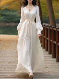 Kukombo Solid Elegant Long Fairy Dress Women 2024 Spring Fashion Vintage Korean Dress Female Casual Office Lady Party Sexy Dress V-neck